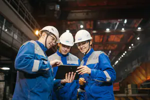Professionnels consultant une documentation technique dans un environnement industriel